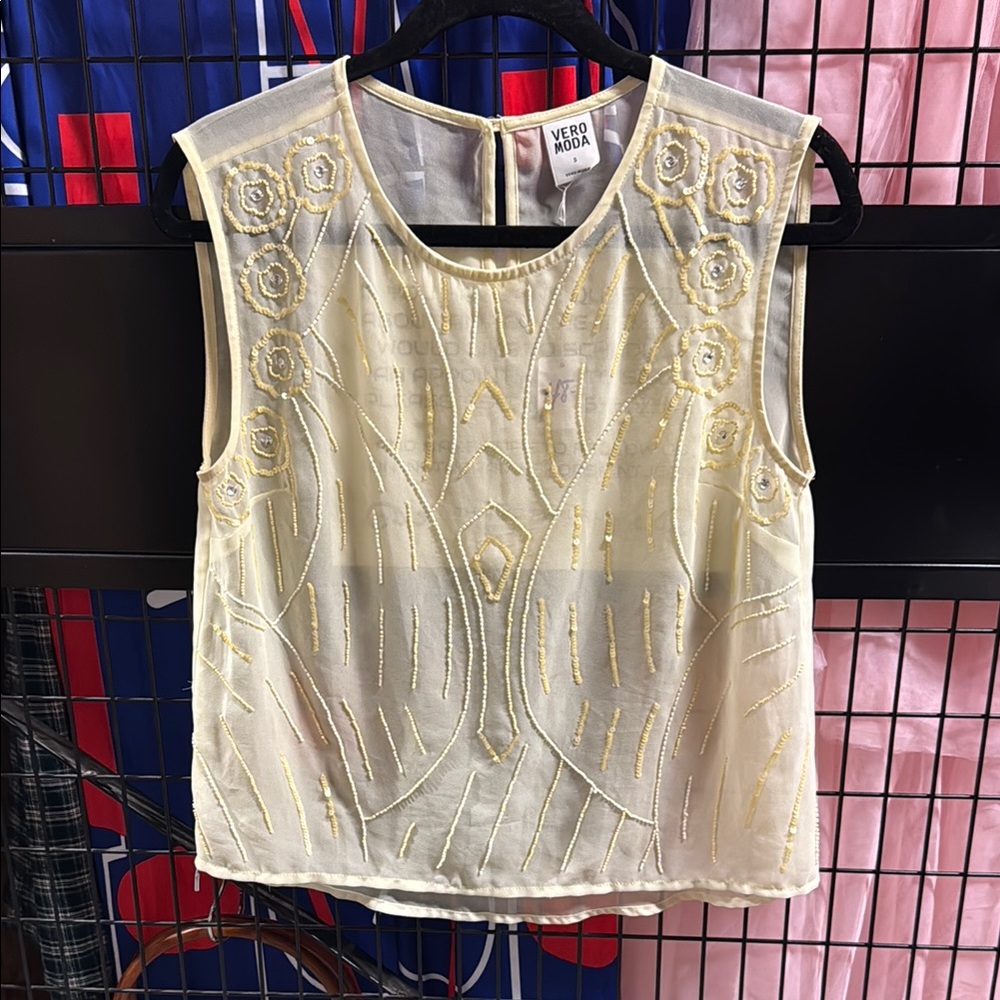 Vero Moda Cream Beaded Sheer Women's Top